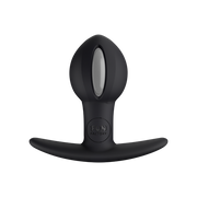Black weighted anal plug with a grey oval insert and a flared base.
