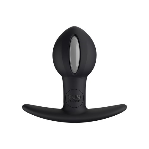 Black weighted anal plug with a grey oval insert and a flared base.