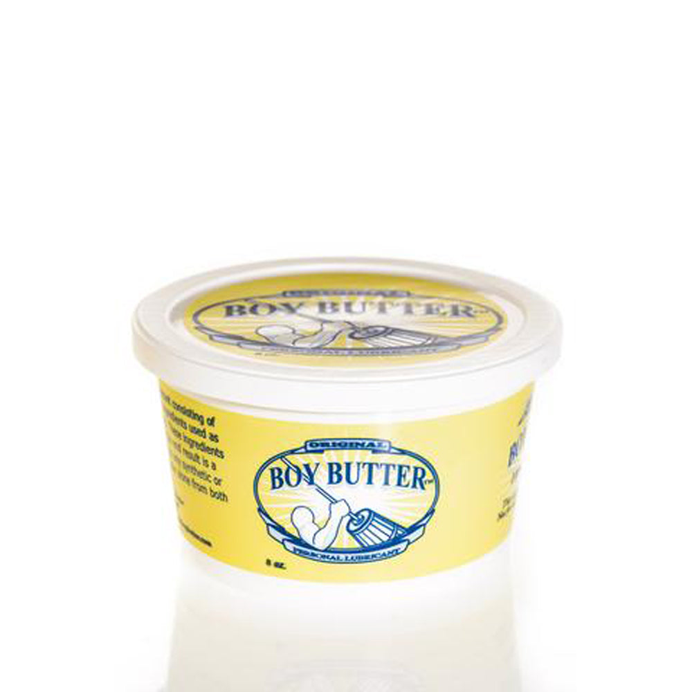 Boy Butter Original personal lubricant in an 8 oz yellow tub.