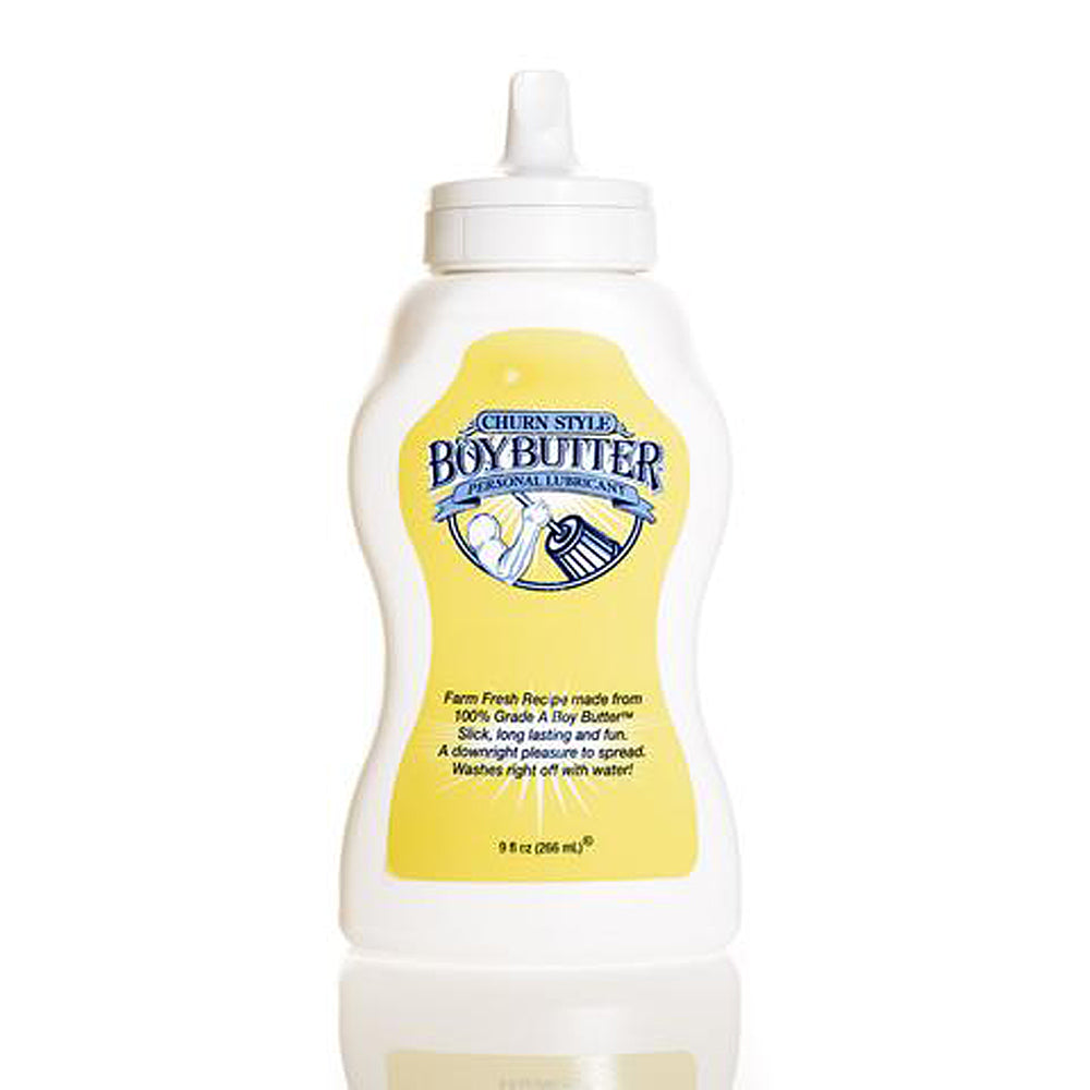 A white squeeze bottle of Boy Butter personal lubricant with a yellow label.