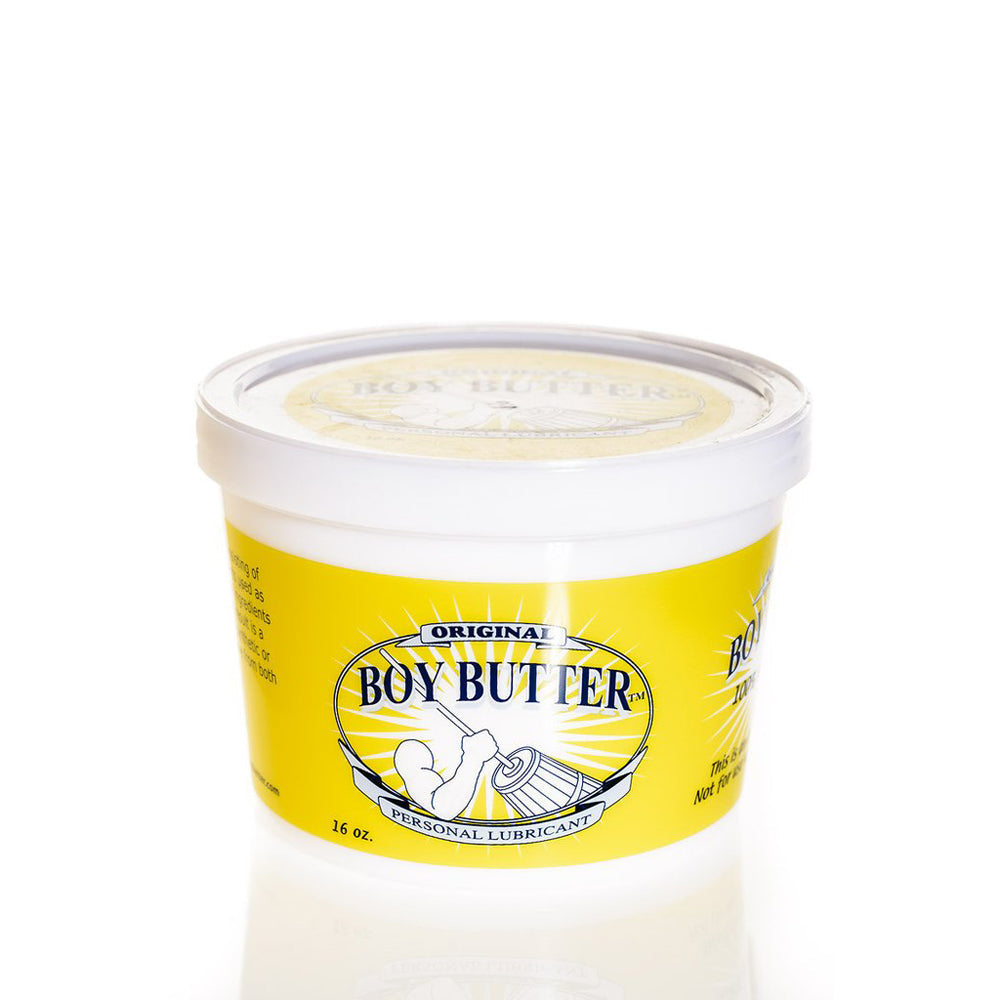 Boy Butter Original personal lubricant in a 16 oz yellow tub.