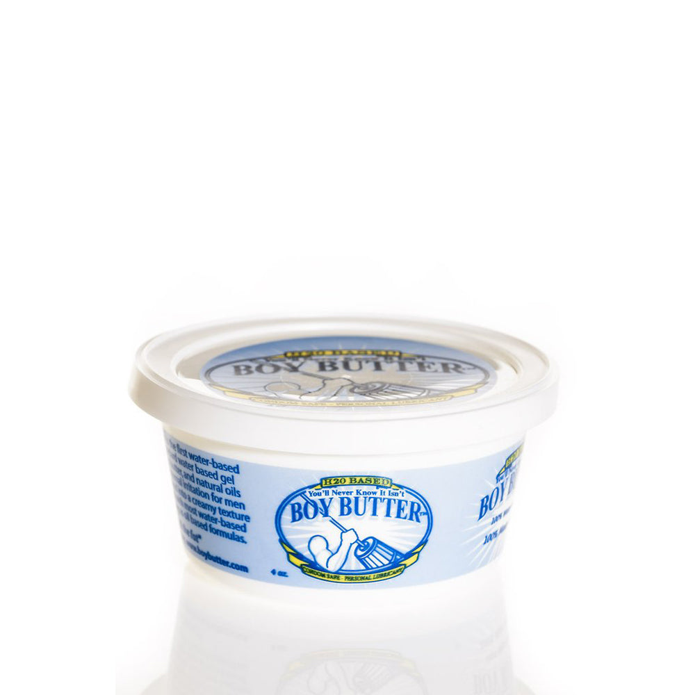 A 4oz tub of Boy Butter H20 water-based cream lubricant.