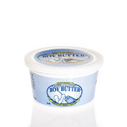 A white tub of Boy Butter water-based cream lubricant with a blue label.