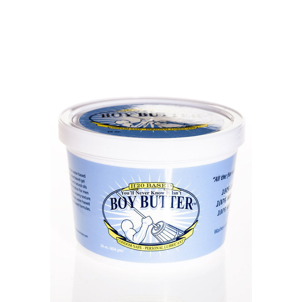 A 16oz tub of Boy Butter H20 water-based cream lubricant.