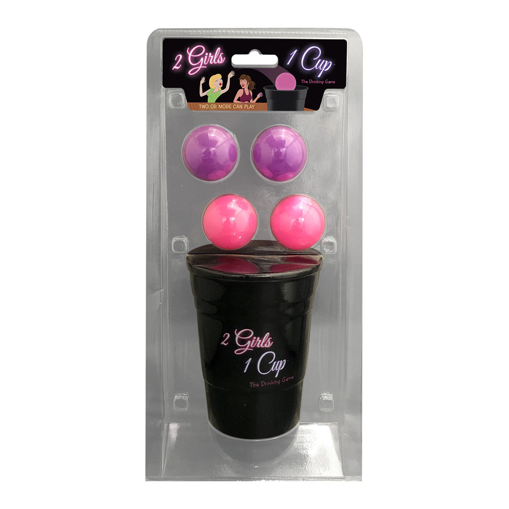 Two Girls One Cup drinking game set with a black cup and four colored balls.