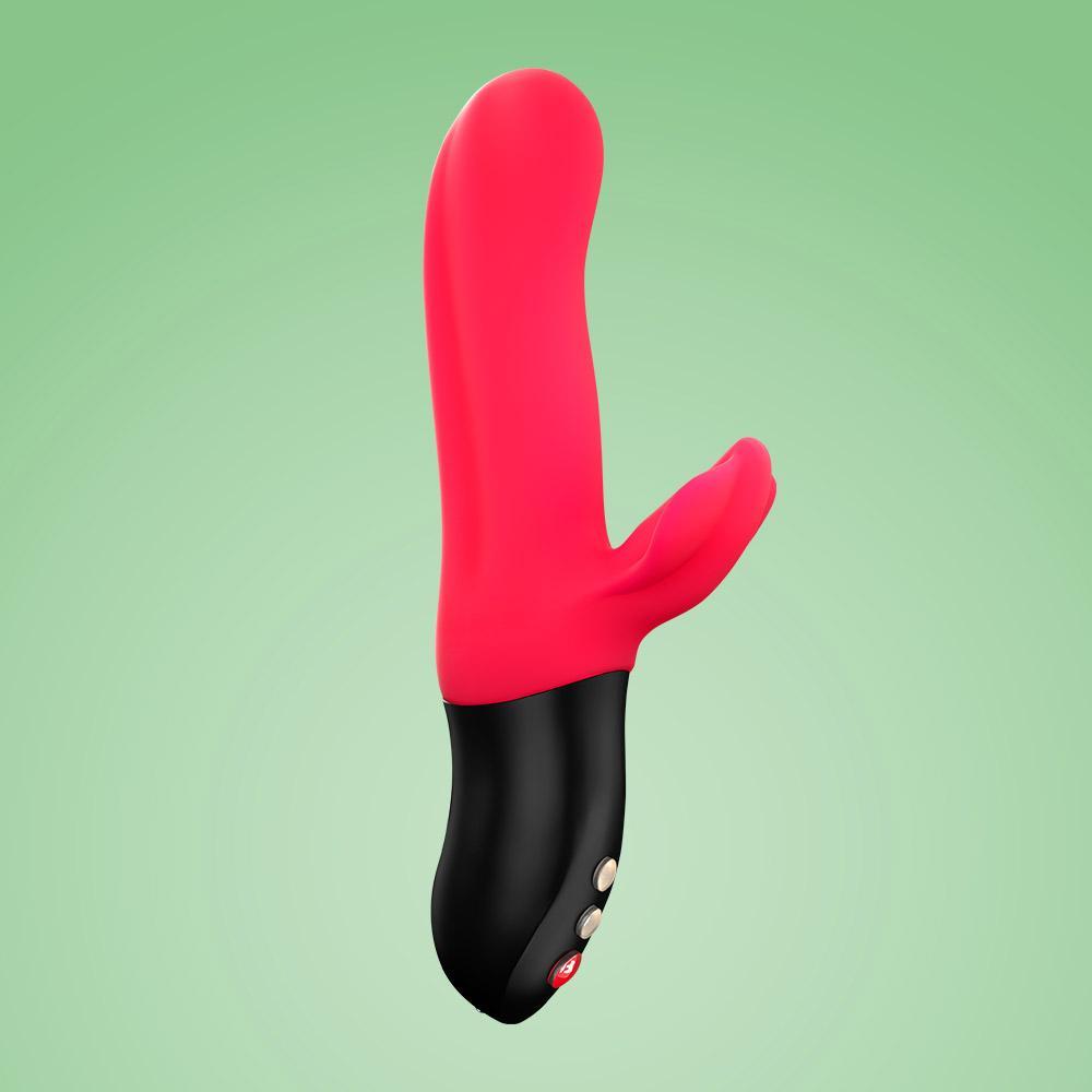 A pink and black rabbit vibrator with buttons on the base.