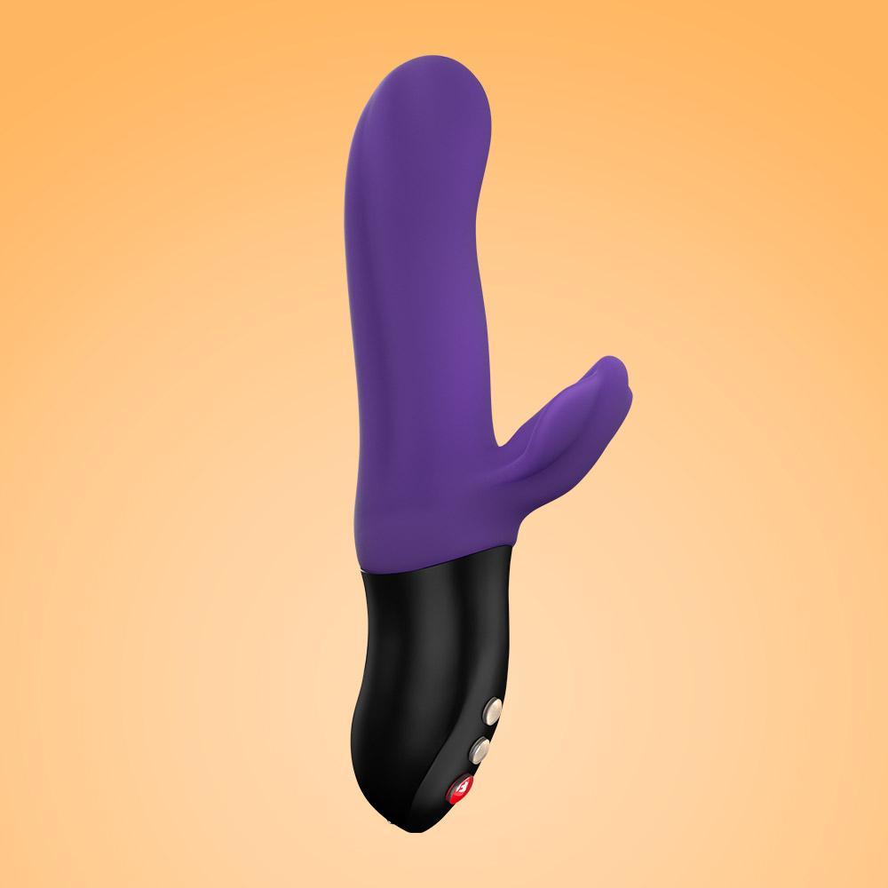 Purple and black dual-action rabbit vibrator with buttons.
