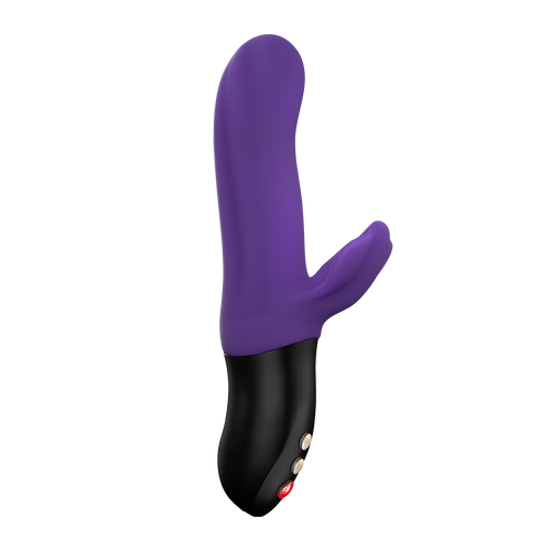 Purple and black rabbit vibrator with three control buttons.