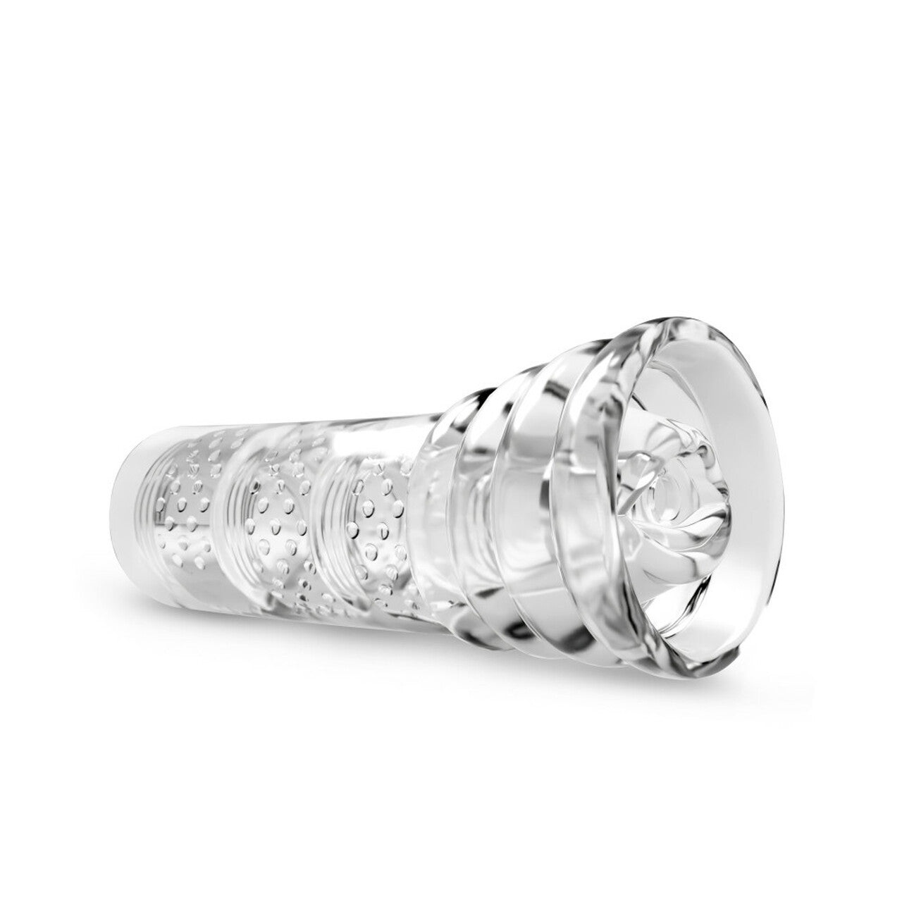 Clear ribbed male stroker with textured interior and flared opening.