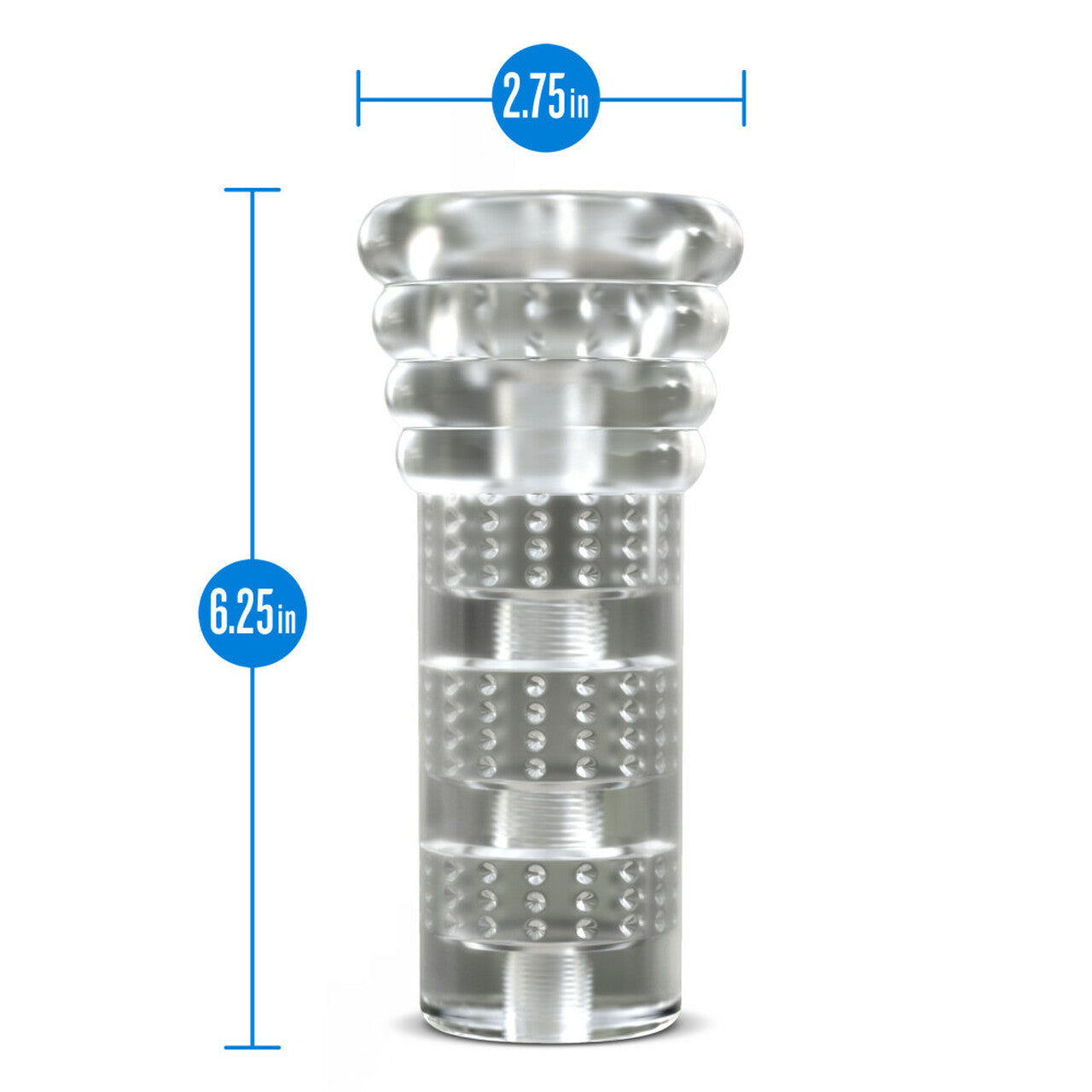 Clear ribbed stroker with dimensions 6.25 inches long and 2.75 inches wide.