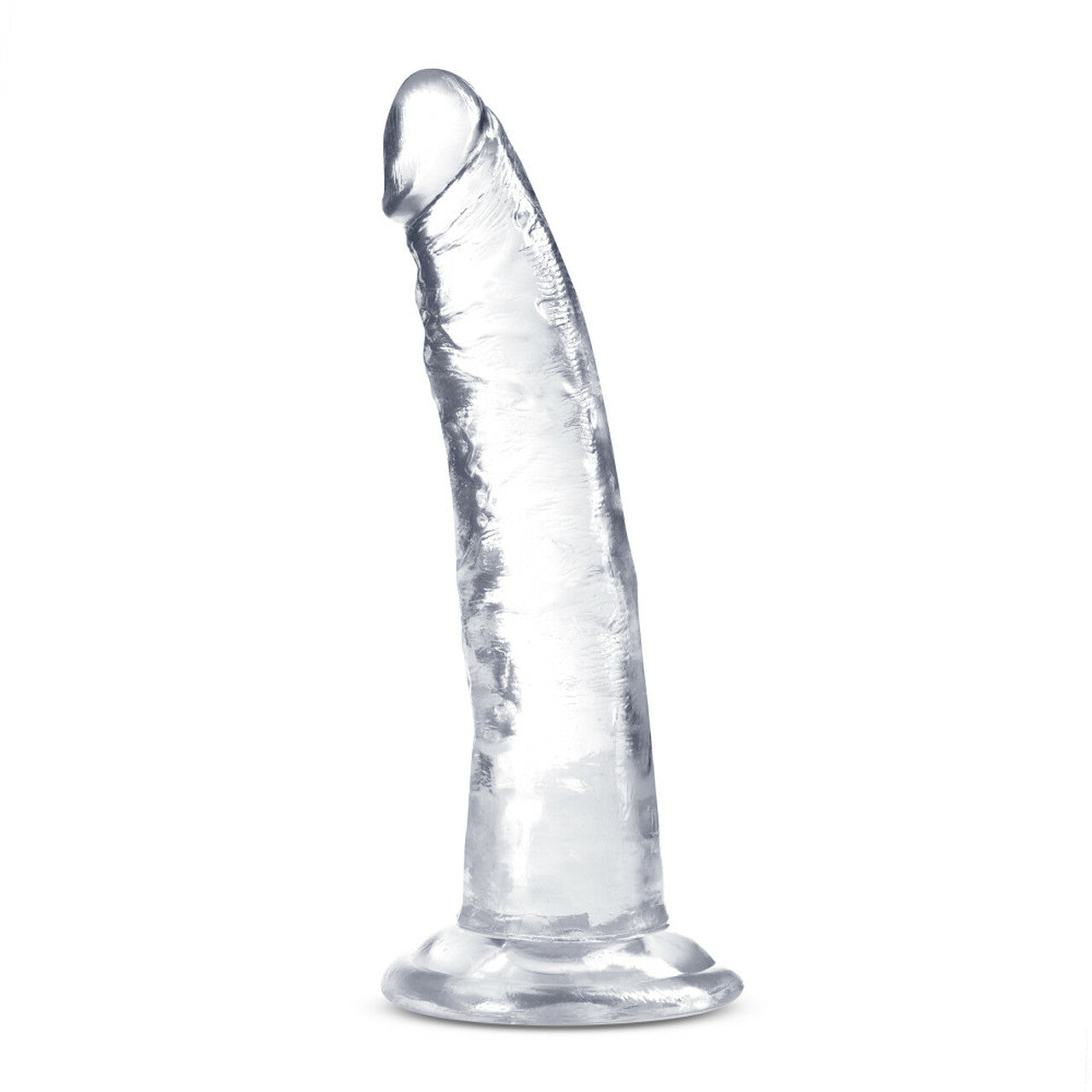 Clear curved realistic dildo with suction cup base, made of transparent TPE.