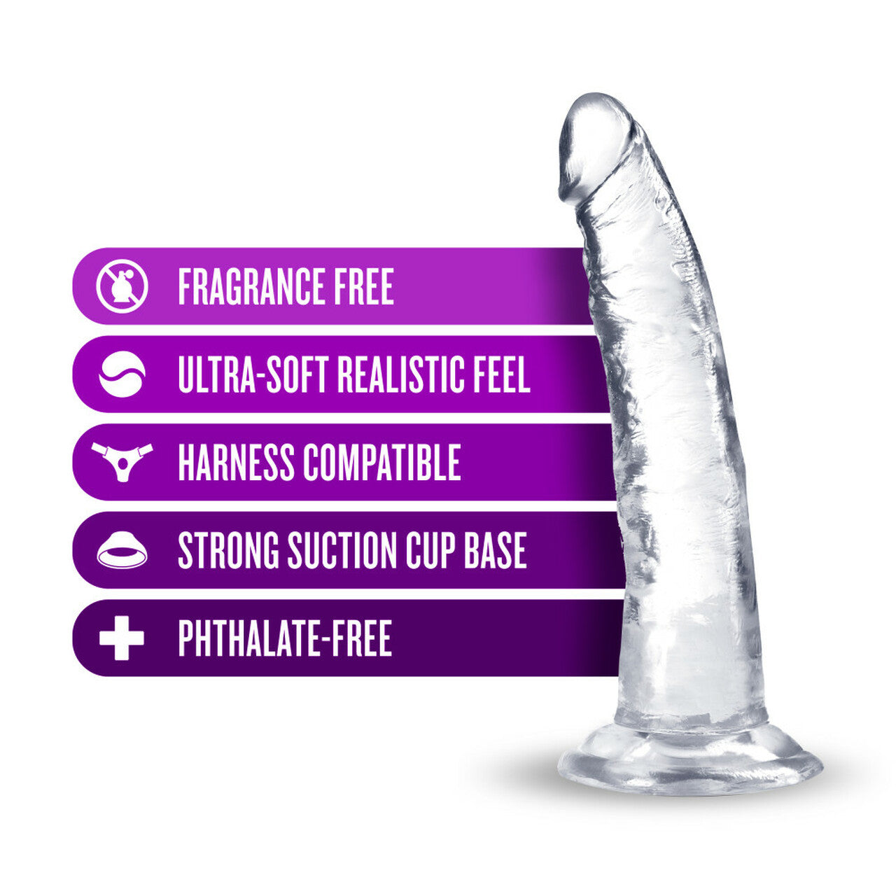 Clear curved realistic dildo with suction cup base, made of transparent TPE.