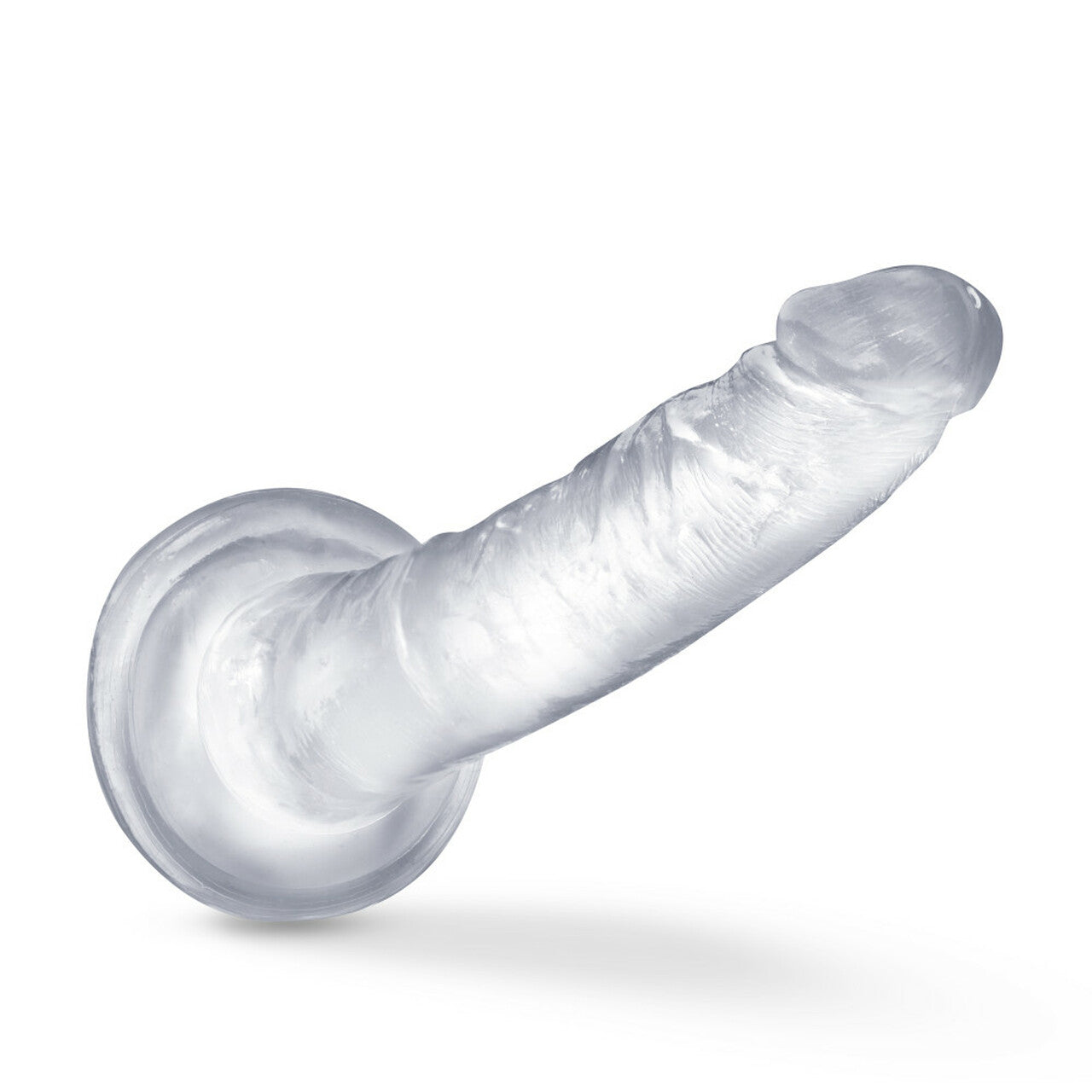 Clear, curved realistic TPE dildo with suction cup base.
