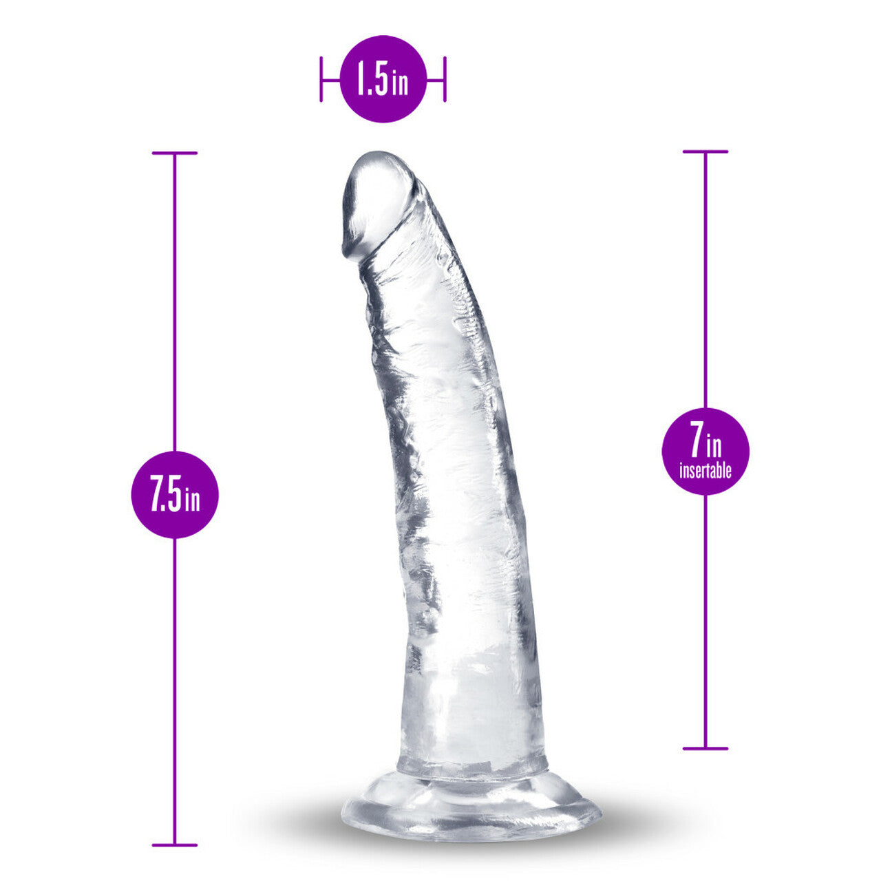 Clear curved realistic dildo with suction cup base, 7 inches insertable, 1.5 inches wide.