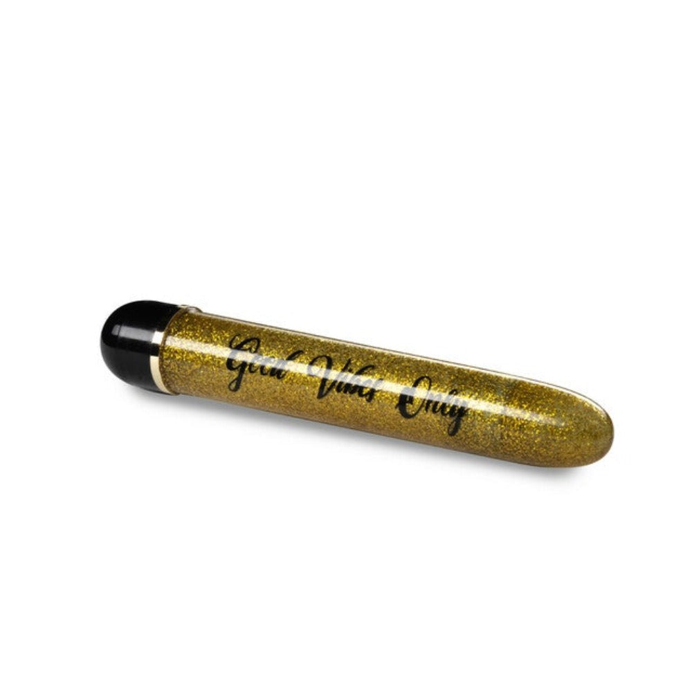 A gold glitter vibrator with "Good Vibes Only" written on it.