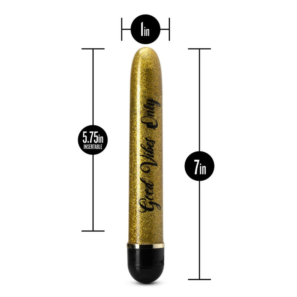 A gold glitter vibrator with "Good Vibes Only" text, measuring 7 inches long.