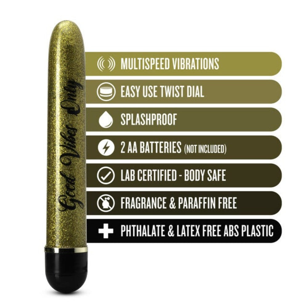 A gold glitter vibrator with text listing its features.