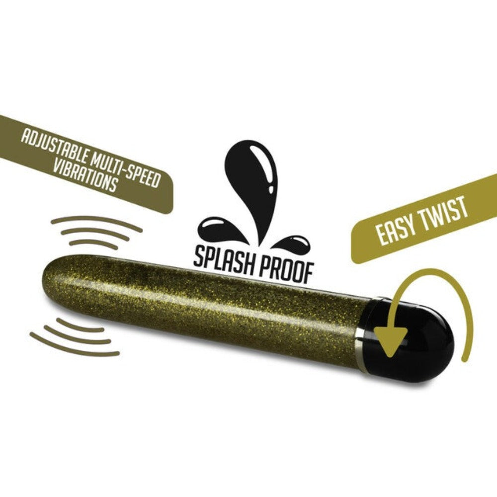 A gold glitter vibrator with splash proof and easy twist features.