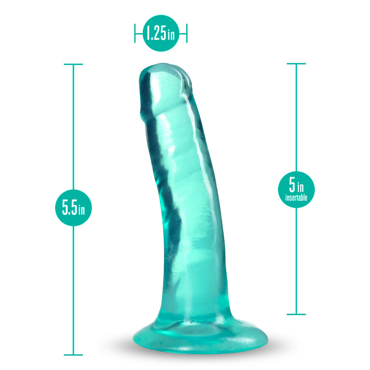 Teal realistic G-spot dildo with suction cup base, 5 inches insertable, 1.25 inches wide.
