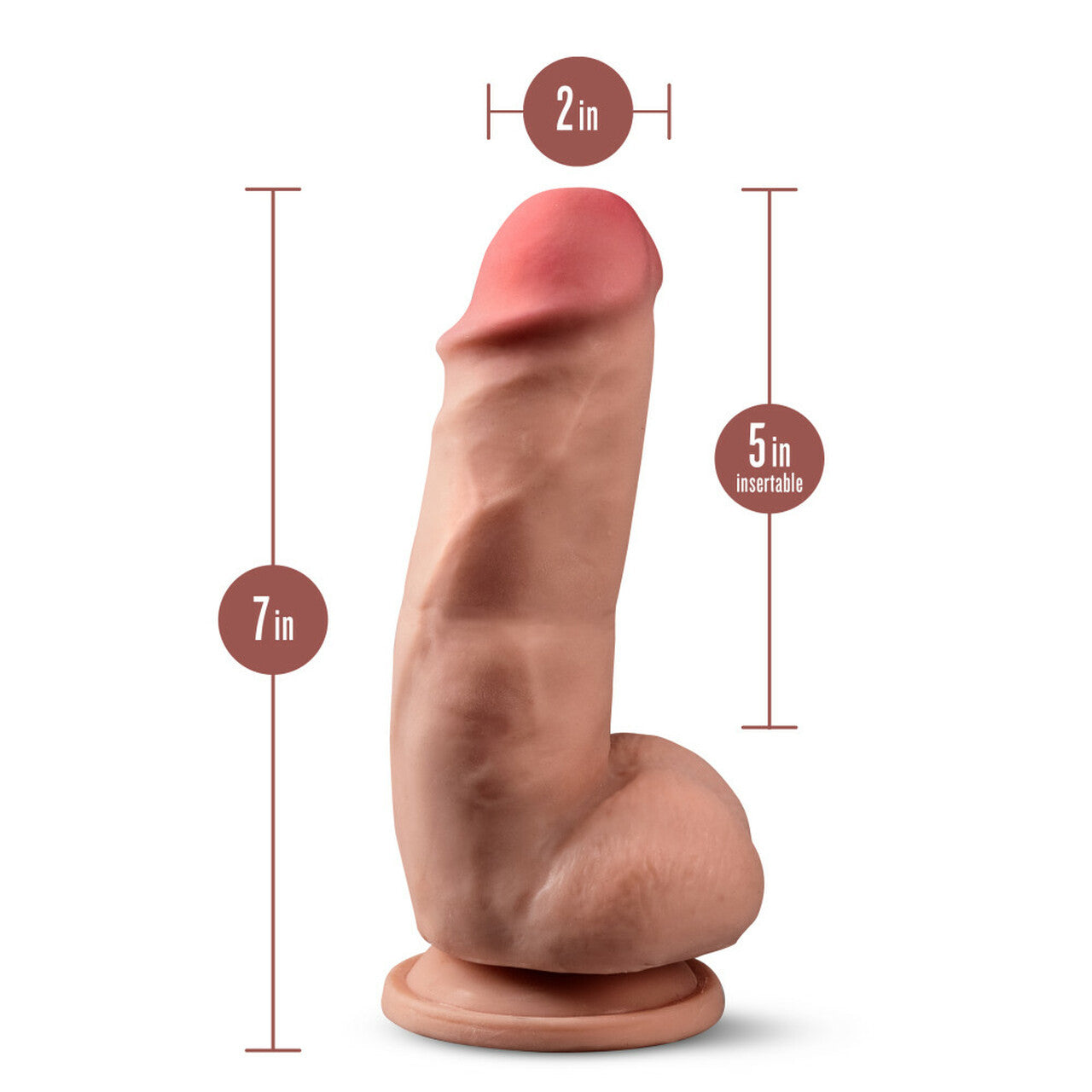 Posable mocha dildo with triple density, 7-inch length, 5-inch insertable, 2-inch width, and suction cup base.