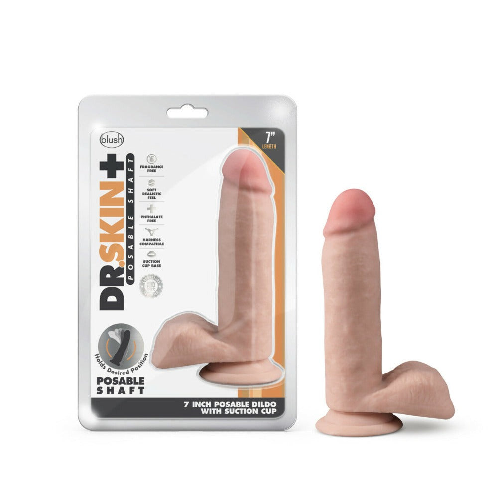 Posable triple density 7-inch realistic dildo in vanilla color with suction cup base.
