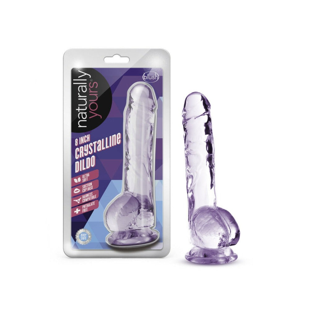 A clear, 8-inch crystalline dildo with a suction cup base.