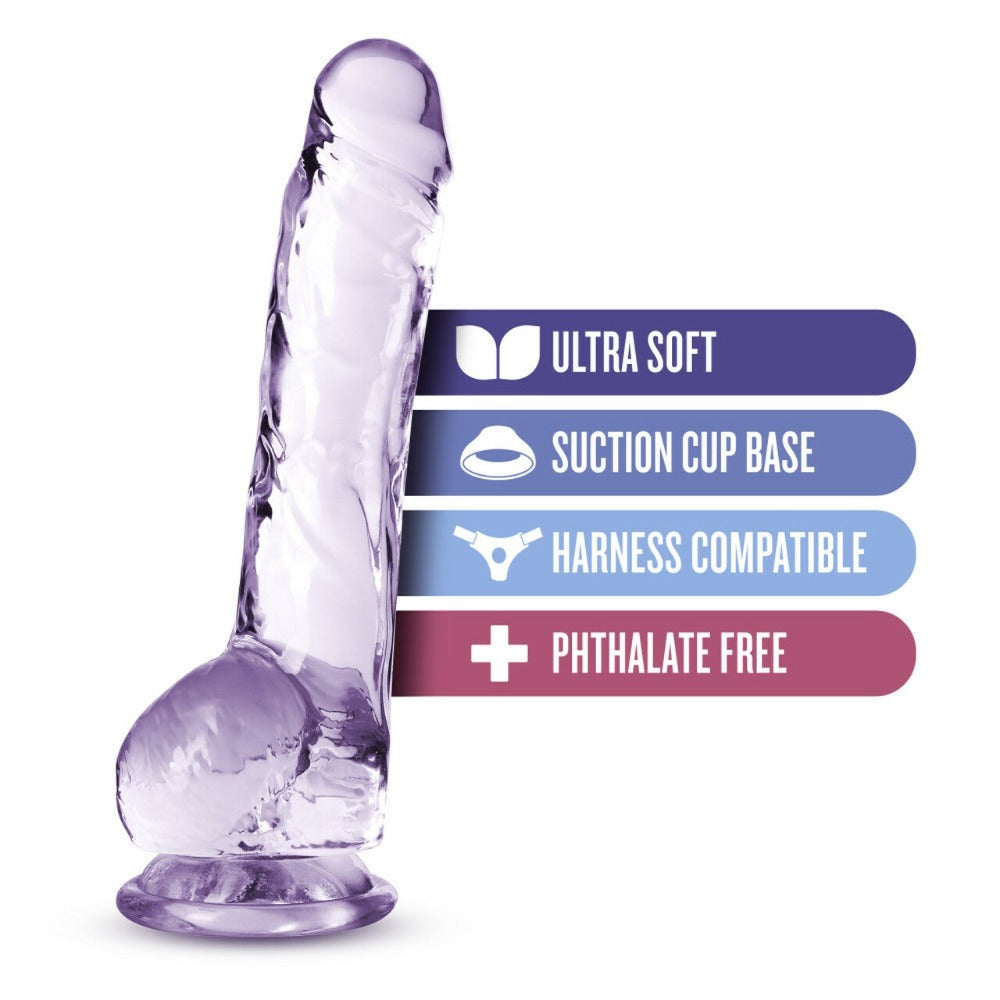 8-inch crystalline lifelike dildo with suction cup base, ultra soft TPE, harness compatible, phthalate free.