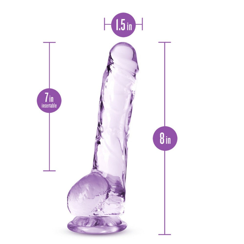 8-inch crystalline lifelike purple dildo with suction cup base and size labels.