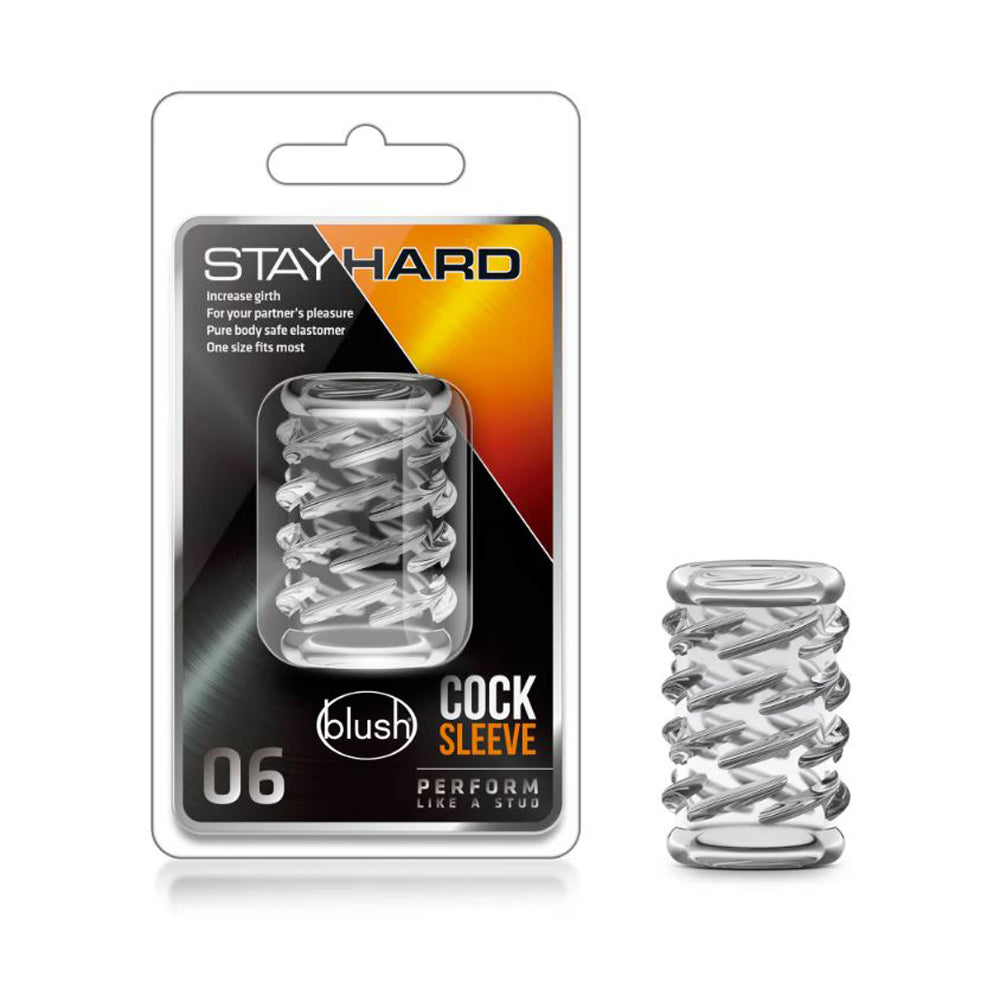 A clear, textured cock sleeve with a ribbed design.