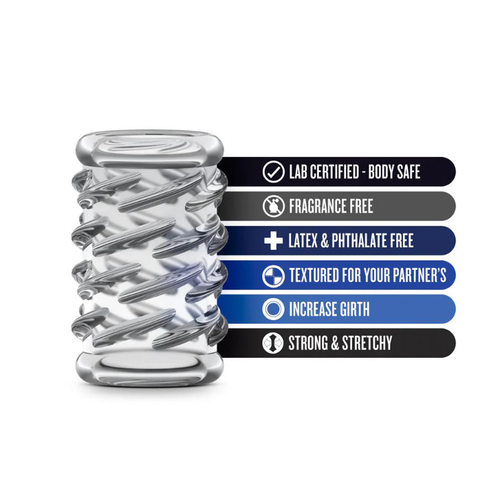 Clear textured cock sleeve with text listing features.