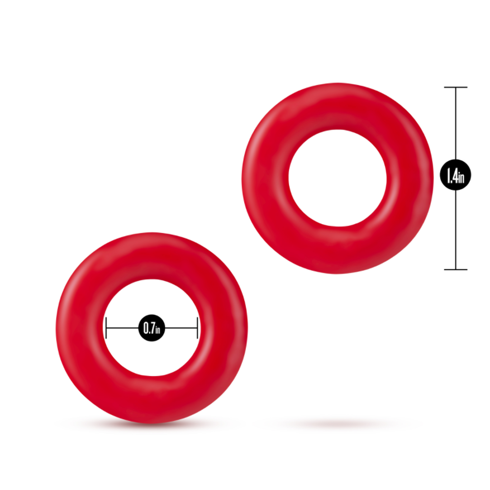 Two red stretchy TPE cock rings, one measuring 0.7 inches and the other 1.4 inches.