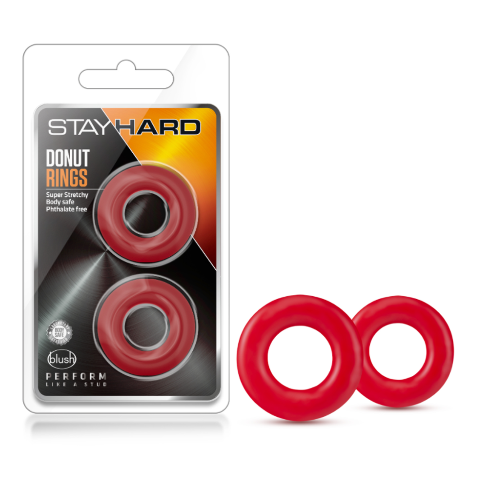 Two red, stretchy donut rings are shown, one in packaging and two loose.