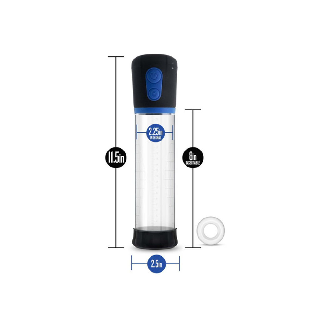 Motorized male enhancement pump with cock ring, 11.5 inch length and 2.5 inch diameter.