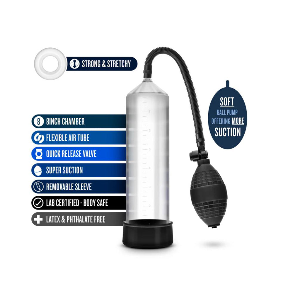 Clear penis pump with black bulb, hose, and features listed on the left.
