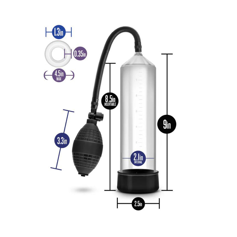 A clear plastic penis pump with a black bulb and hose, showing various measurements.