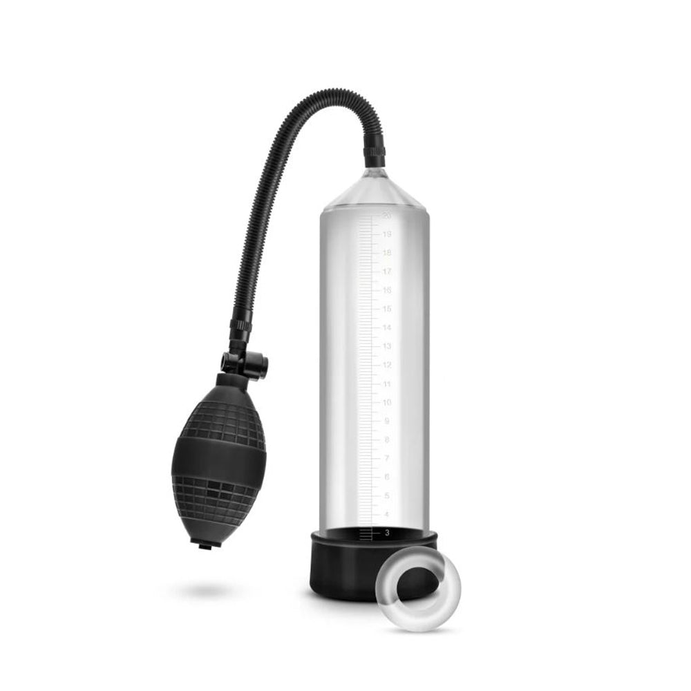 Clear cylinder penis pump with black bulb pump and cock ring.