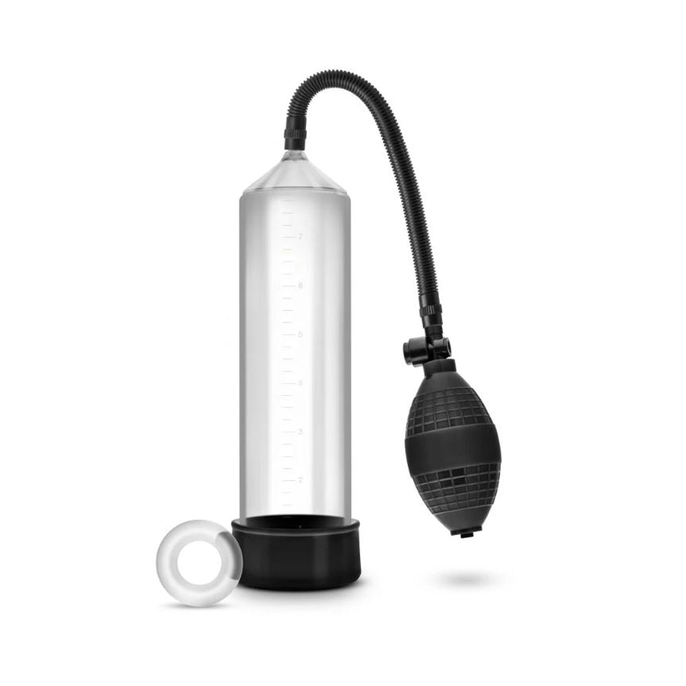 Clear male enhancement pump with black bulb and cock ring.