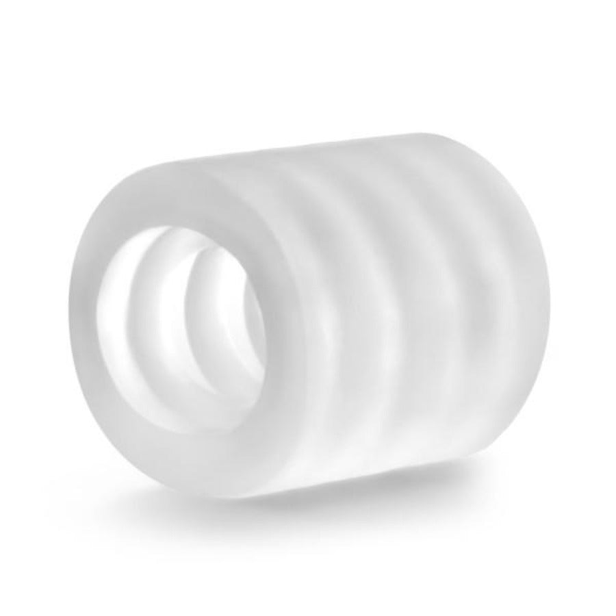 Clear ribbed TPE sleeve for oral play.