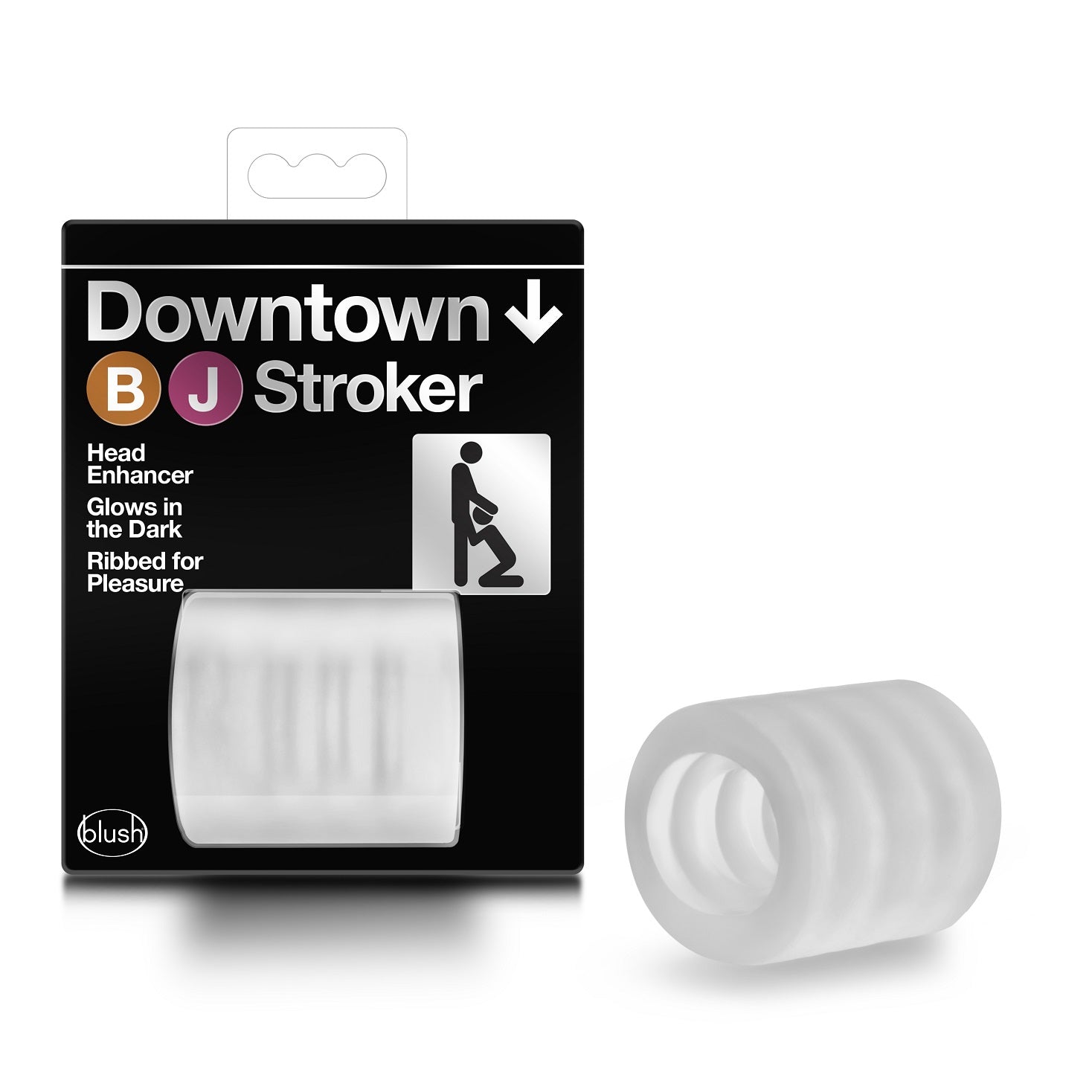 Clear ribbed stroker sleeve with "Downtown BJ Stroker" packaging.