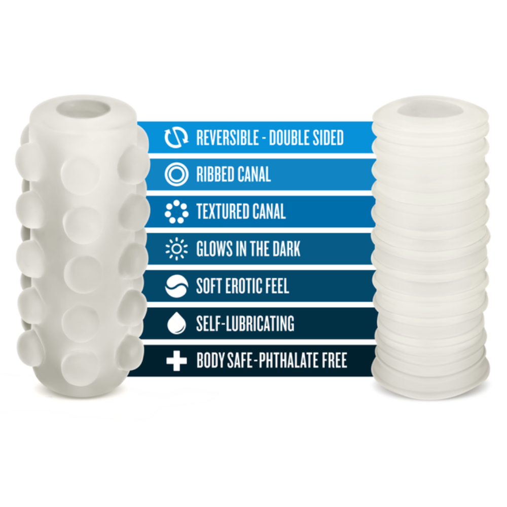 A white ribbed and textured stroker with text listing its features.