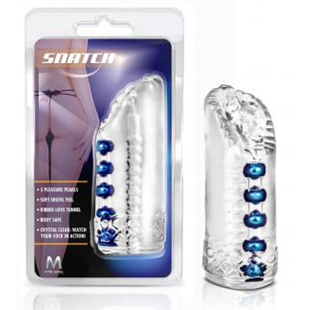 Clear ribbed stroker with blue pleasure pearls.
