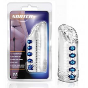 Clear ribbed stroker with blue pleasure pearls.