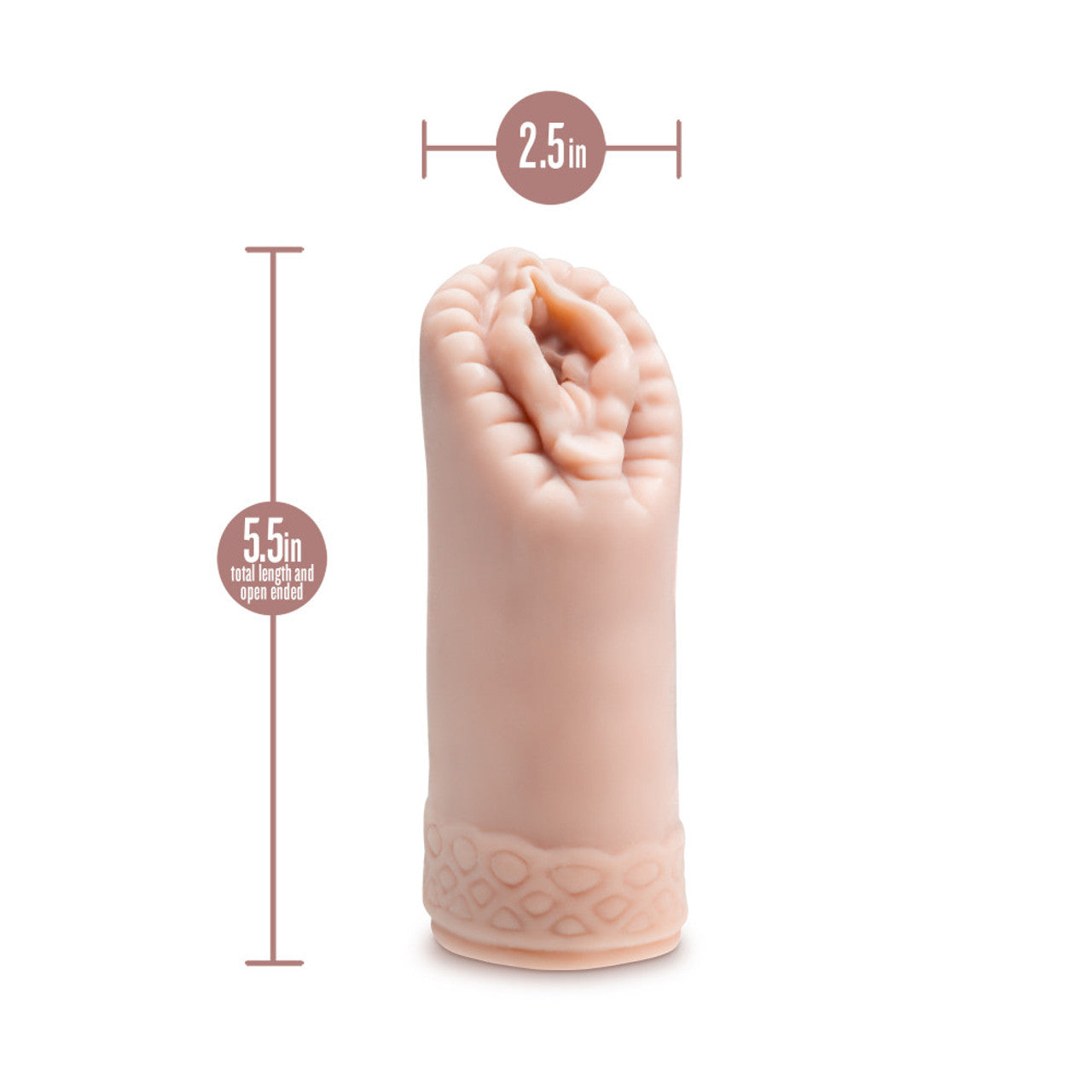 A soft, ribbed male stroker with a textured base and measurement indicators.