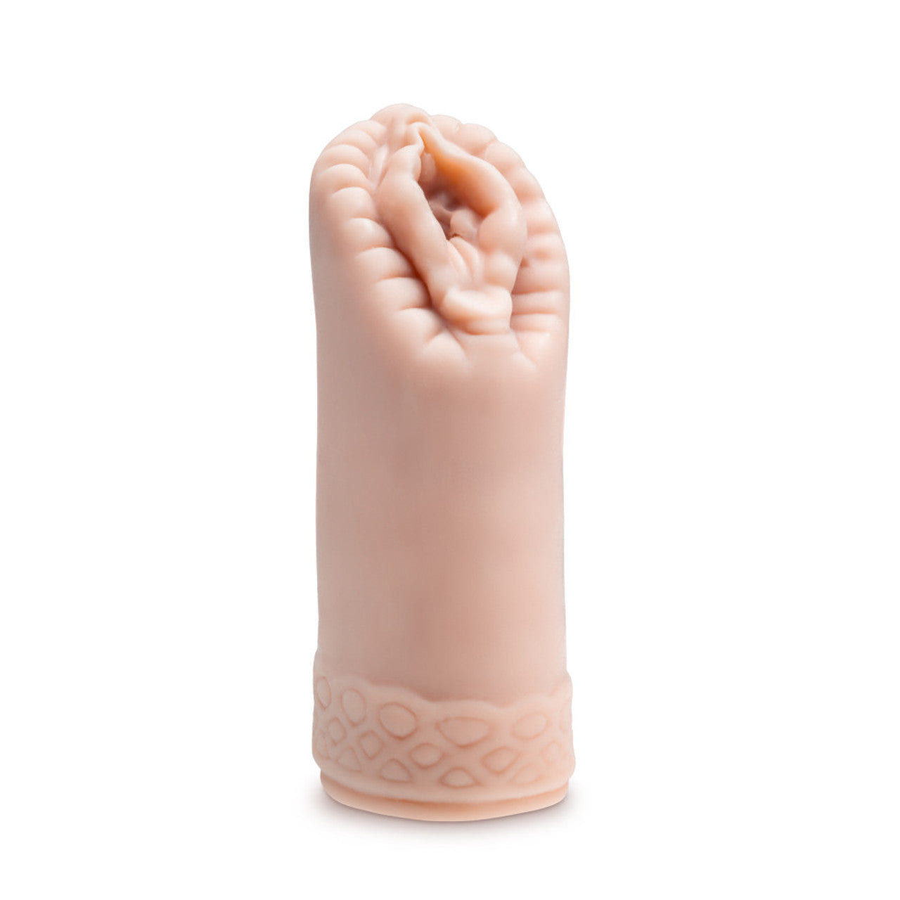 A pink ribbed male stroker with a textured base.