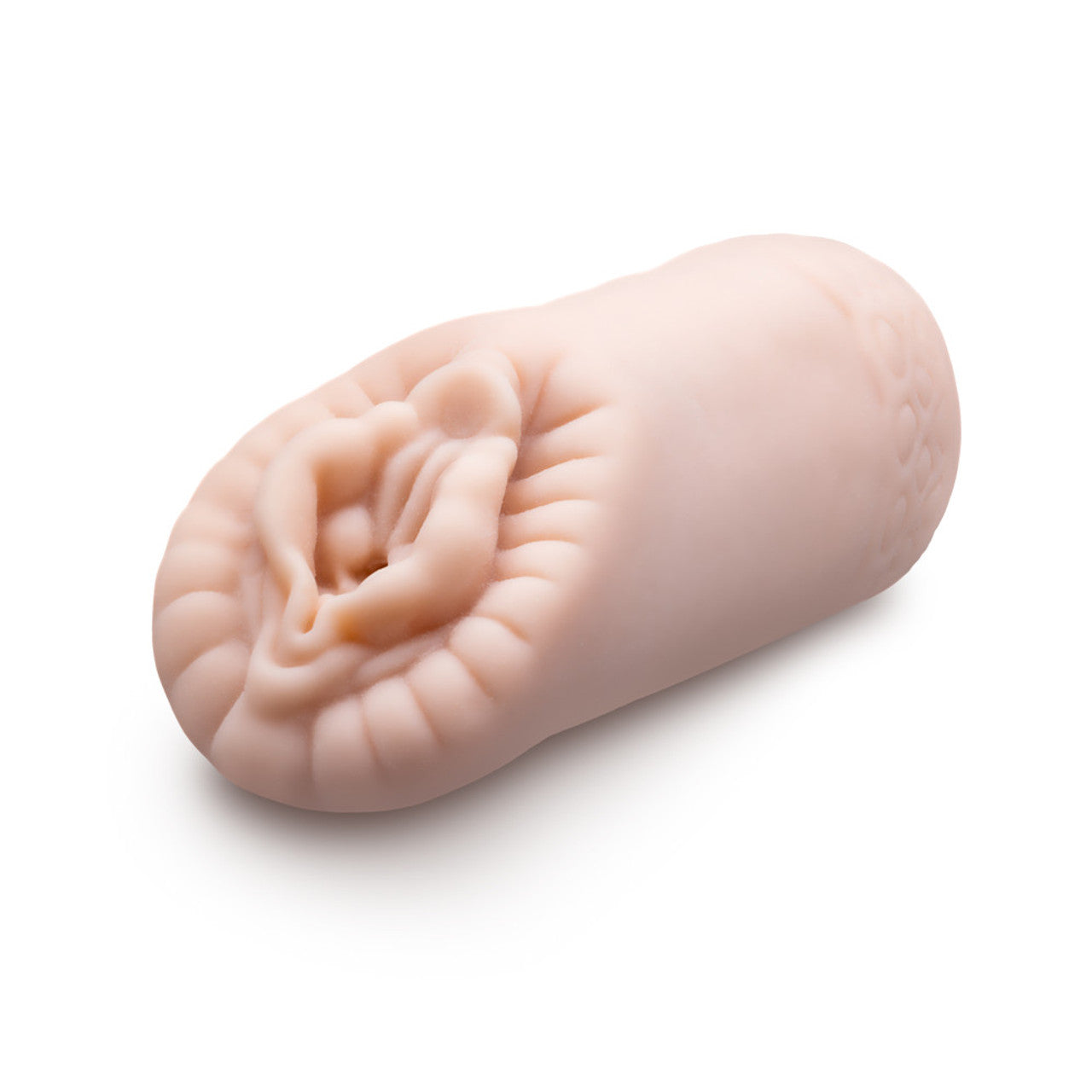 A pale pink ribbed male stroker with a textured opening.
