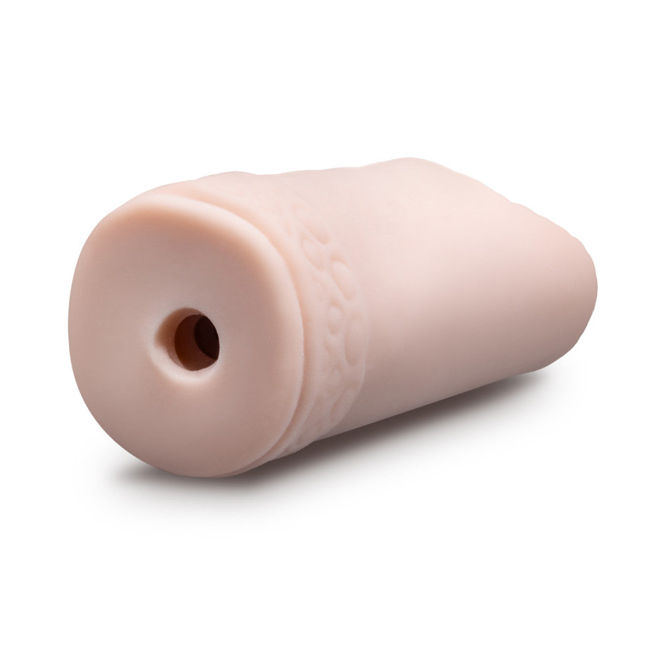 A pink ribbed male stroker with an opening at one end.