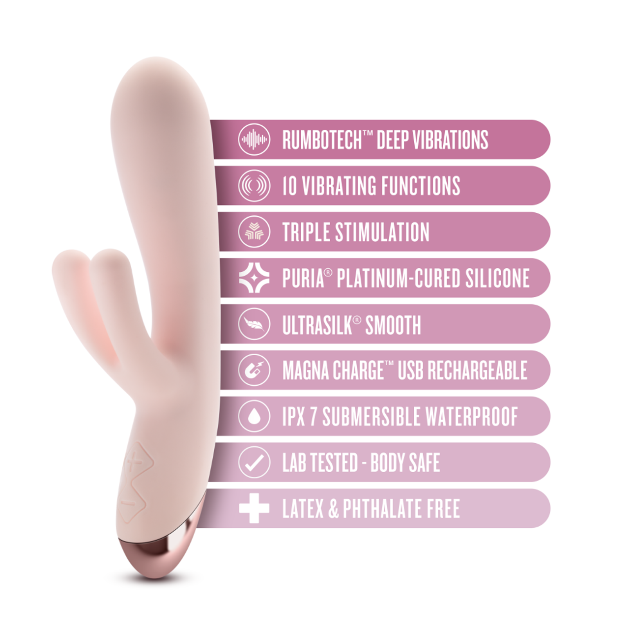 A blush pink rabbit vibrator with features listed on the right.