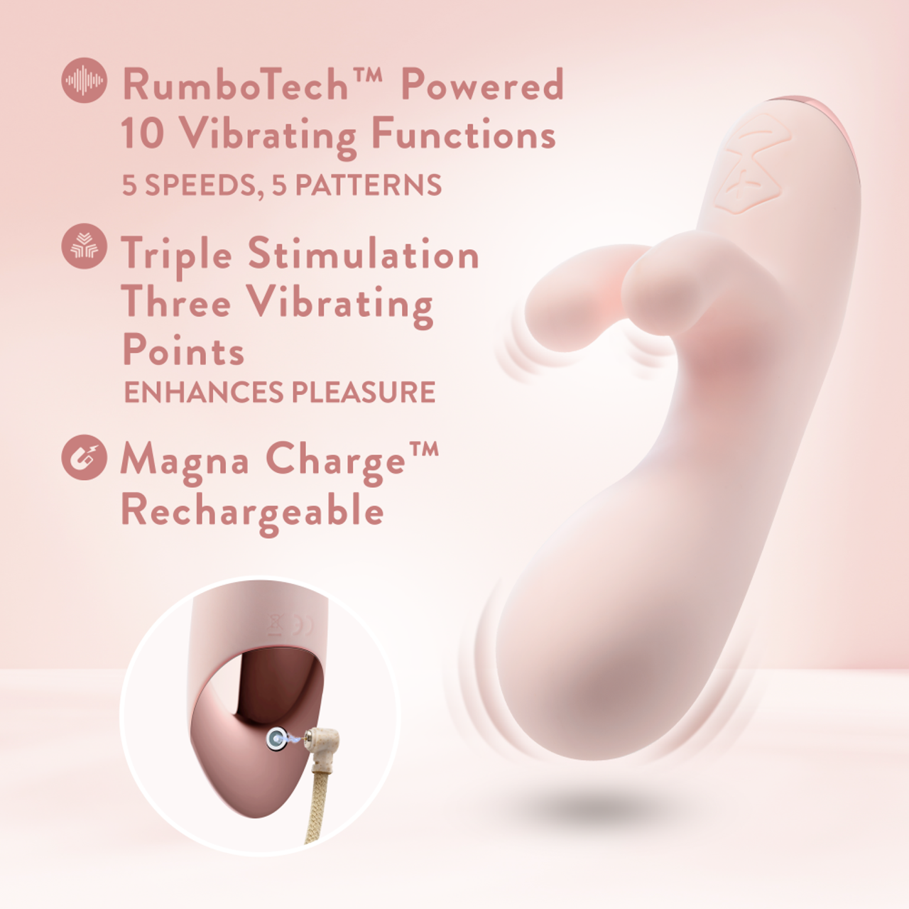 A blush pink rabbit vibrator with three stimulation points and magnetic charging.