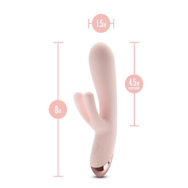 A blush pink rabbit vibrator with dimensions indicated.