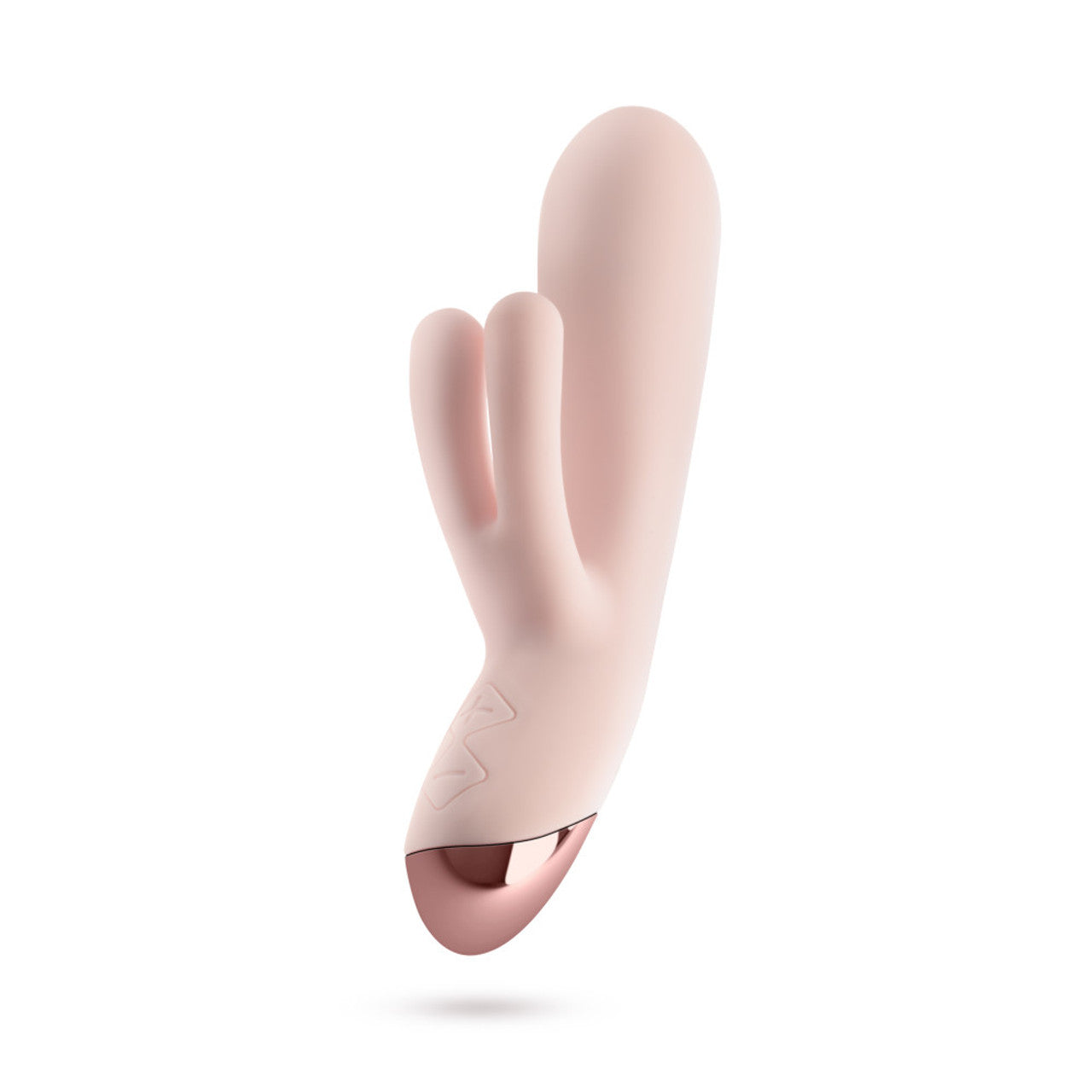A blush pink rabbit vibrator with rose gold accents.
